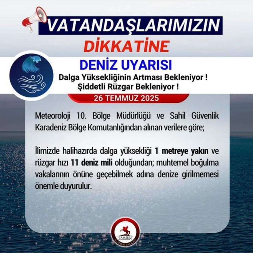Samsun Valiliği'nden 'deniz uyarısı'