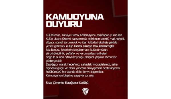 Elazığspor, kulüp lisansı almaya hak kazandı
