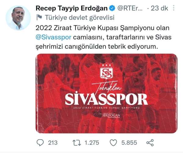 Cumhurbaşkanı Erdoğan, Sivasspor'u tebrik etti - Sivas haber