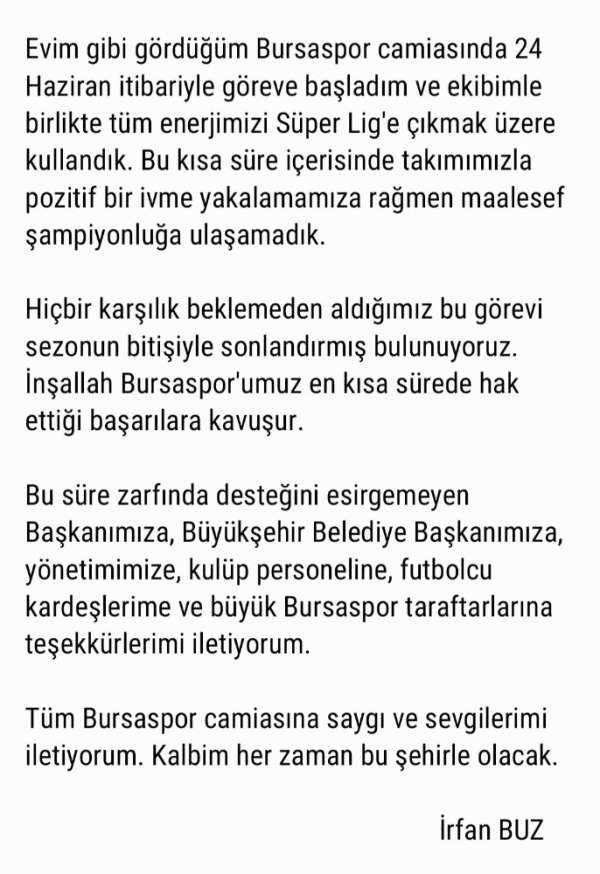 İrfan Buz'dan Bursaspor'a veda mesajı 