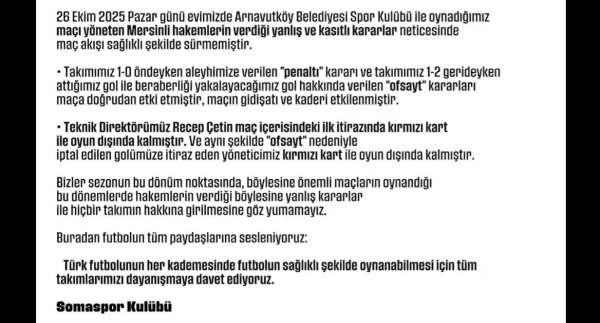 Somaspor'dan maçın hakemlerine tepki