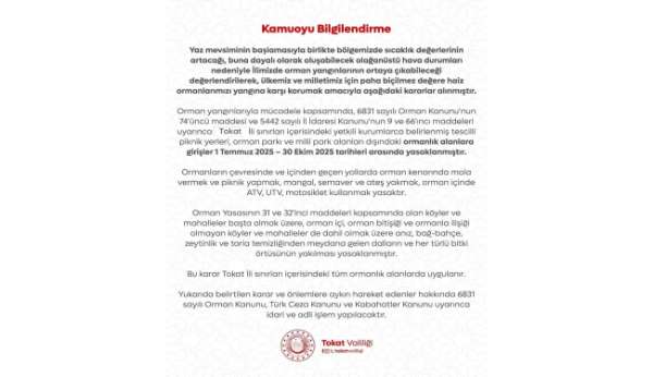 Tokat'ta yaz aylarında ormanlara girişe kısıtlama getirildi