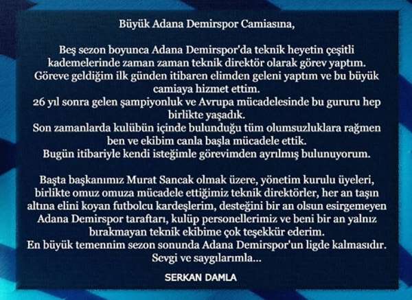 Adana Demirspor'da Serkan Damla dönemi sona erdi