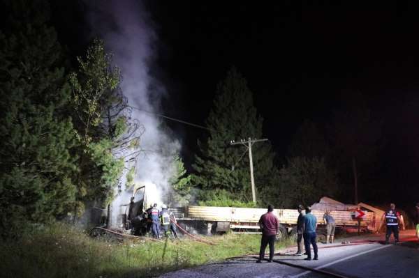 Lastiğinin patlaması sonucu ormanlık alana uçan tır yanarak kül oldu: 3 yaralı 