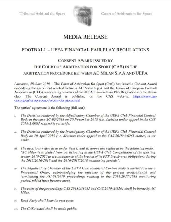 Milan, Avrupa'dan men edildi