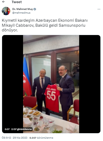 Bakan Muş'tan, Azerbaycan Ekonomi Bakanı Cabbarov'a Samsunspor jesti