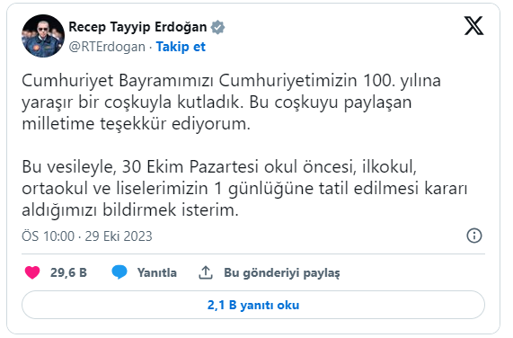 Erdoğan açıkladı: 30 Ekim Pazartesi günü okullar tatil