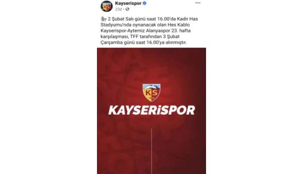 Hes Kablo Kayserispor - Aytemiz Alanyaspor maçı ertelendi