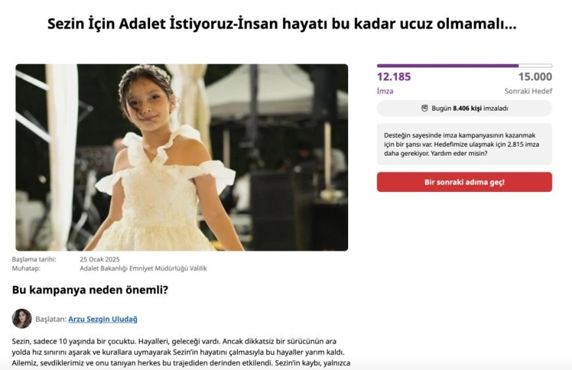 Samsun'da trafik kazasında ölen 10 yaşındaki Sezin için 12 binin üzerinde imza