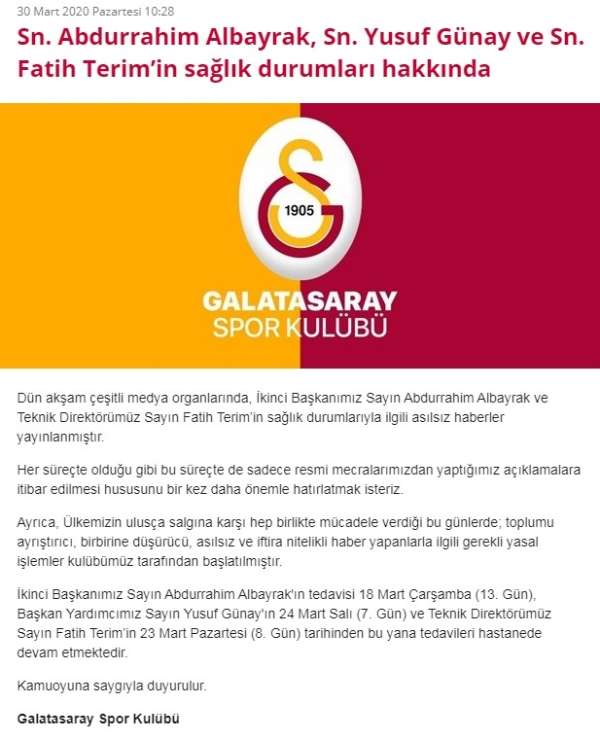 Galatasaray'dan koronavirüs açıklaması: 'Fatih Terim ve Abdurrahim Albayrak...' 
