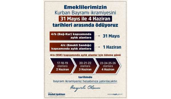 Bakan Işıkhan: 'Emeklilerimizin bayram ikramiyesi ödemeleri 31 Mayıs ile 4 Haziran arasında yatırılacak'