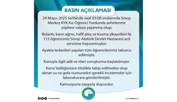 Sinop'ta 113 öğrenci zehirlenme şüphesiyle hastaneye başvurdu