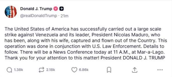 Trump, Venezuela'ya saldırıyı doğruladı: 'Maduro ve eşi yakalanarak ülkeden çıkarıldı'