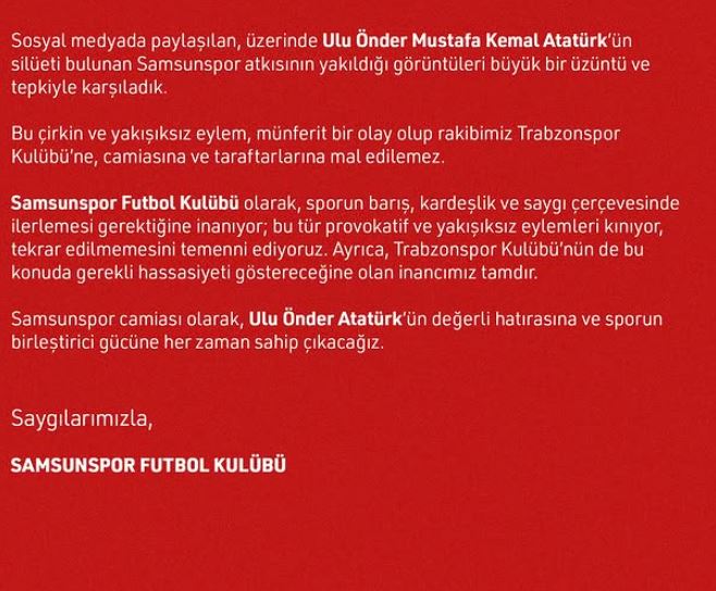 Atatürk silüetli Samsunspor atkısının yakılmasına tepki