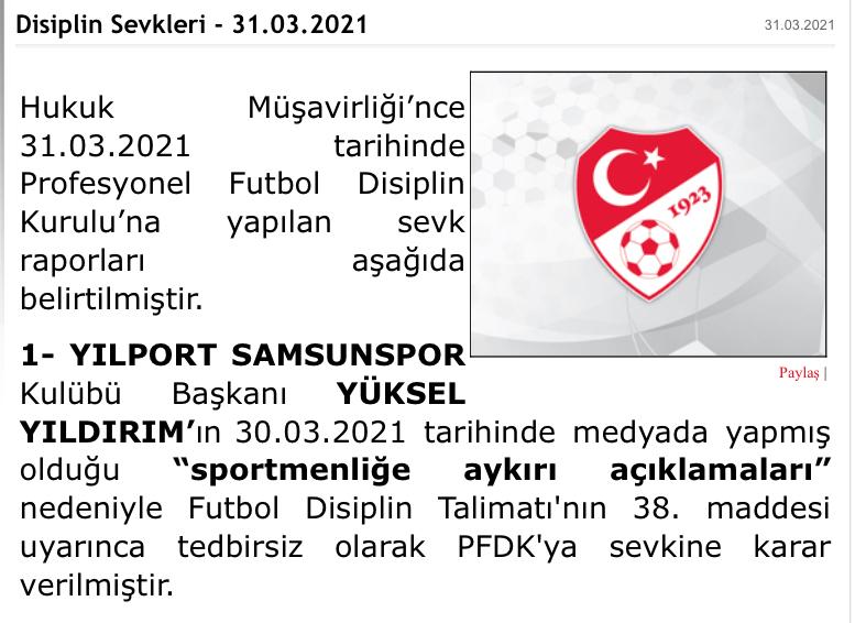 Samsunspor Başkanı Yıldırım PFDK'ya Sevk Edildi