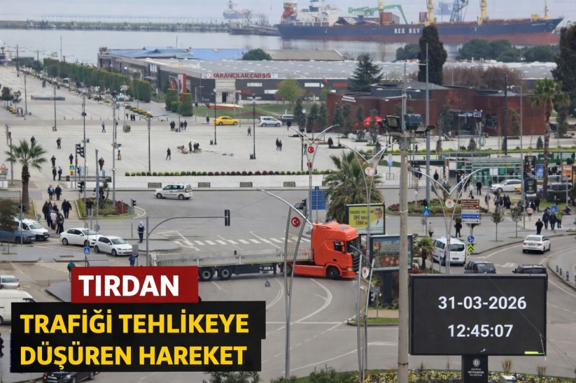 Tırdan trafiği tehlikeye düşüren hareket