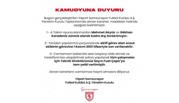 Samsunspor'da Mehmet Akyüz ve Gökhan Karadeniz süresiz kadro dışı bırakıldı!