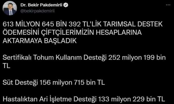 613 milyon liralık destek ödemesi çiftçilerin hesaplarına aktarılmaya başlandı