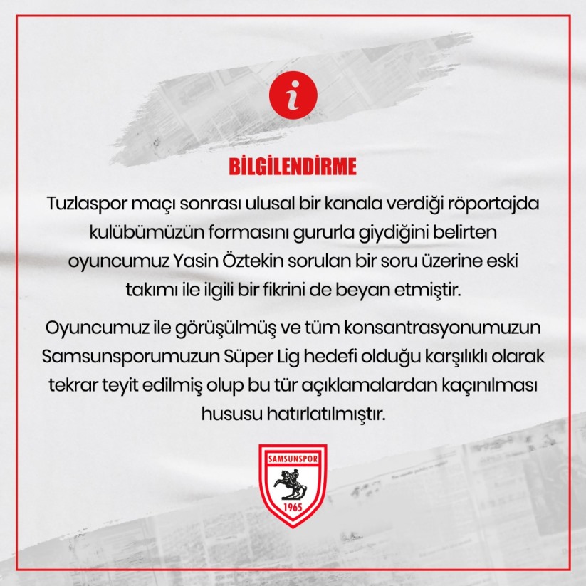 Samsunspor'dan Yasin Öztekin'e 'Galatasaray' uyarısı