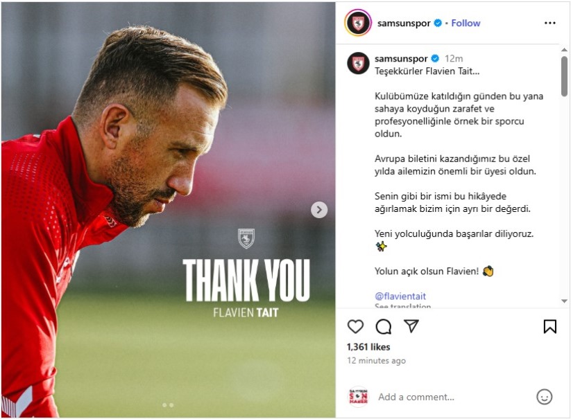 Samsunspor'da Flavien Tait ile yollar ayrıldı