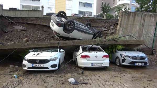 Samsun'da istinat duvarı yağmur sularına dayanamadı: 4 araç zarar gördü
