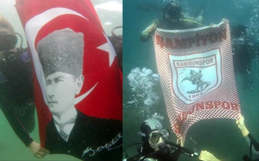 Suyun metrelerce altından Samsunspor'a destek
