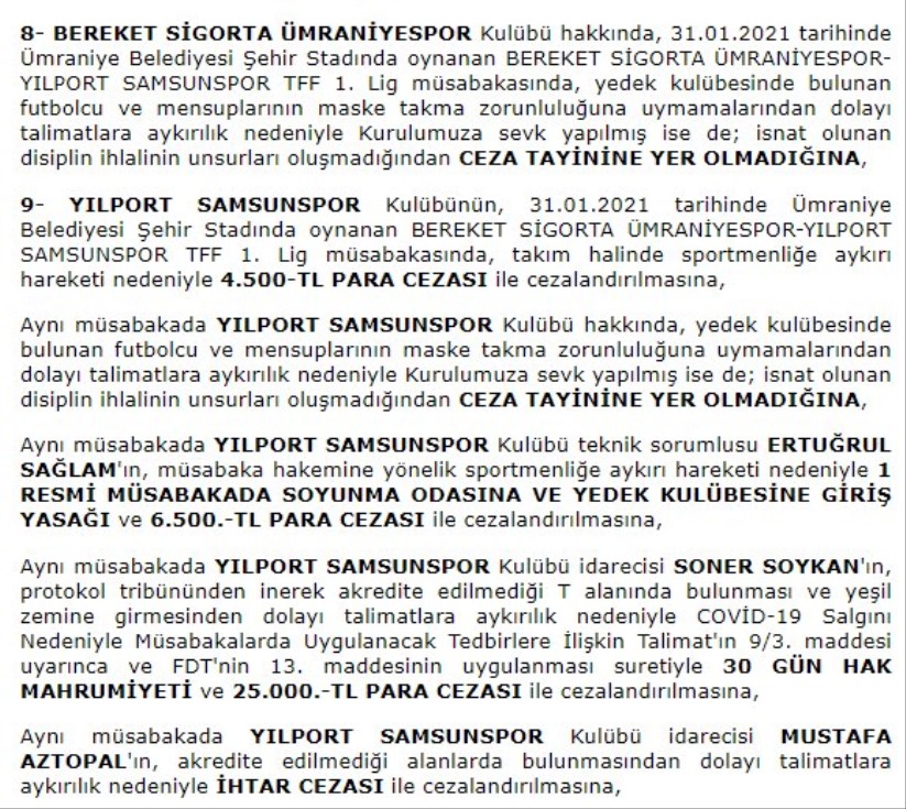 PFDK kararları açıklandı! Samsunspor'a ceza yağdı