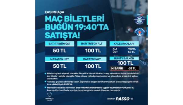 Adana Demirspor - Kasımpaşa maçının biletleri satışta