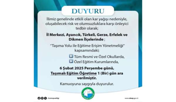 Sinop'ta kar nedeniyle taşımalı eğitime bir gün ara