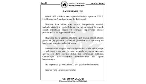 Bursa Valiliğinden Bursaspor-Amedspor açıklaması: '3 güvenlik yöneticisi görevden uzaklaştırıldı, 7 kişi gözal