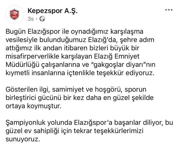 Kepezspor'dan Elazığ'a teşekkür ve övgü
