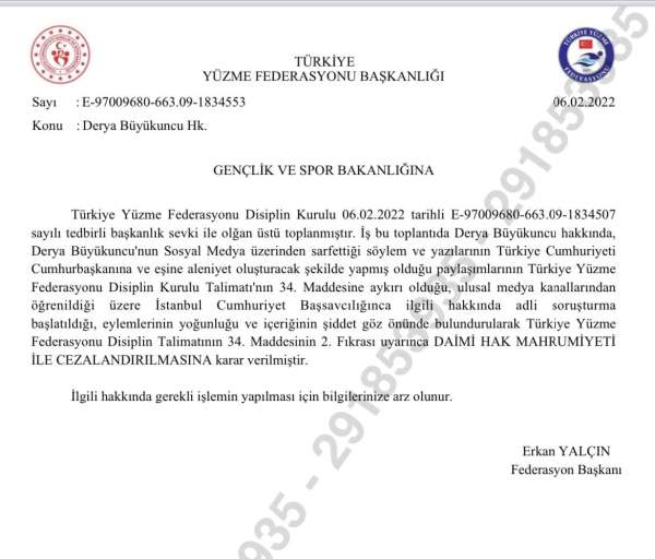 Türkiye Yüzme Federasyonu'ndan, Derya Büyükuncu'ya daimi hak mahrumiyeti