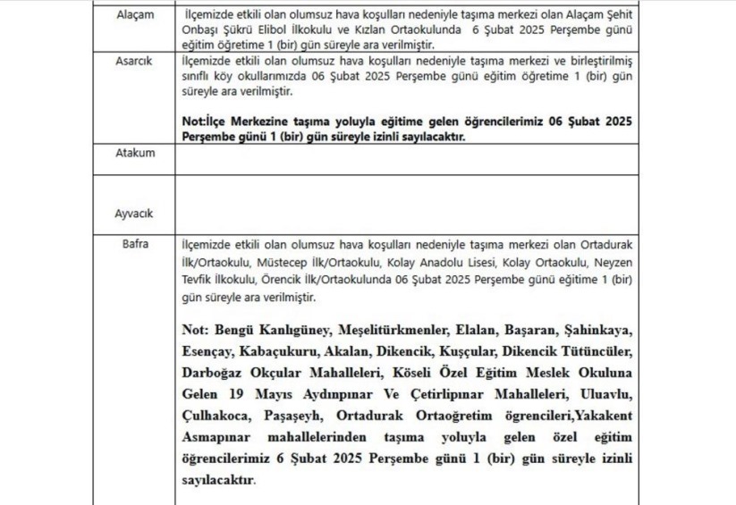 Samsun'da eğitime kar engeli