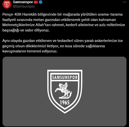 Samsunspor'dan şehitler için başsağlığı mesajı