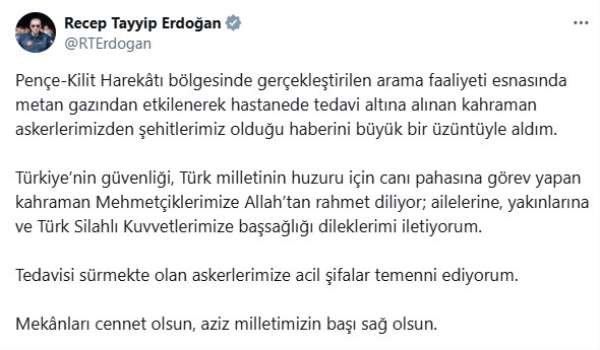 Cumhurbaşkanı Erdoğan'dan Pençe-Kilit bölgesindeki şehitler için taziye mesajı