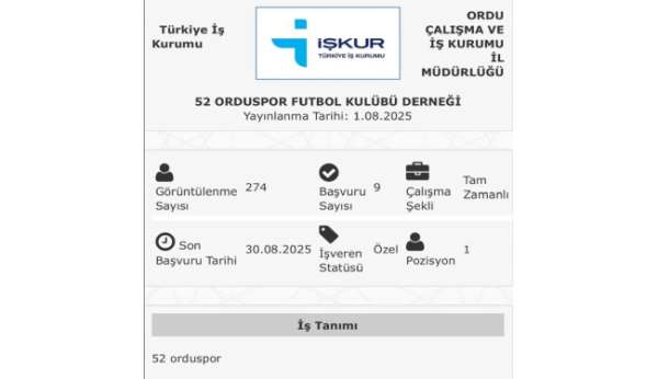 52 Orduspor, İŞKUR üzerinden futbolcu ilanı verdi