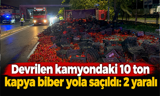 Devrilen kamyondaki 10 ton kapya biber yola saçıldı: 2 yaralı