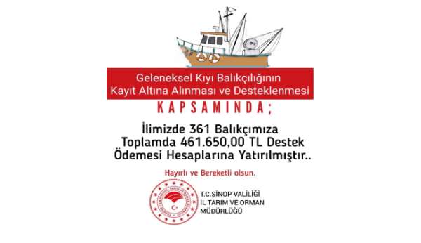 Sinop'ta 361 balıkçıya 461 bin 650 TL destek ödemesi