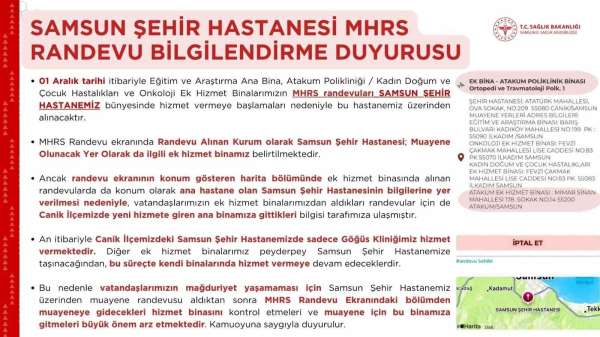 Samsun Şehir Hastanesi randevularında 'hizmet binası karışıklığı'na dikkat