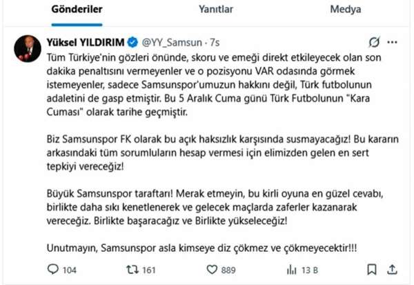 Yüksel Yıldırım: 'Samsunspor asla kimseye diz çökmez ve çökmeyecek'