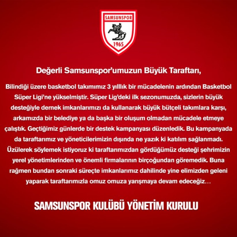 Samsunspor Kulübü'nden yerel yönetim ve firmalara sitem