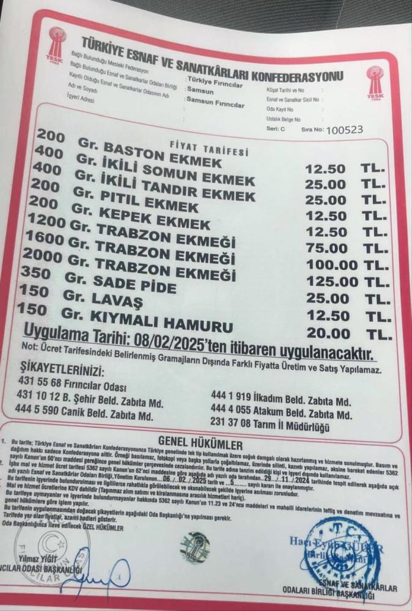 Samsun'da ekmek ve simitte yeni tarife 12,5 TL