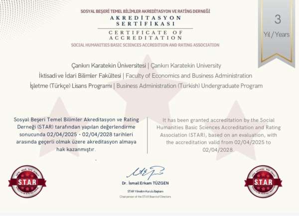 Çankırı Karatekin Üniversitesi'ndeki bir bölüme 3 yıllık akreditasyon belgesi