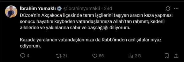 Bakan Yumaklı Düzce'deki kaza sonrası başsağlığı mesajı yayınladı