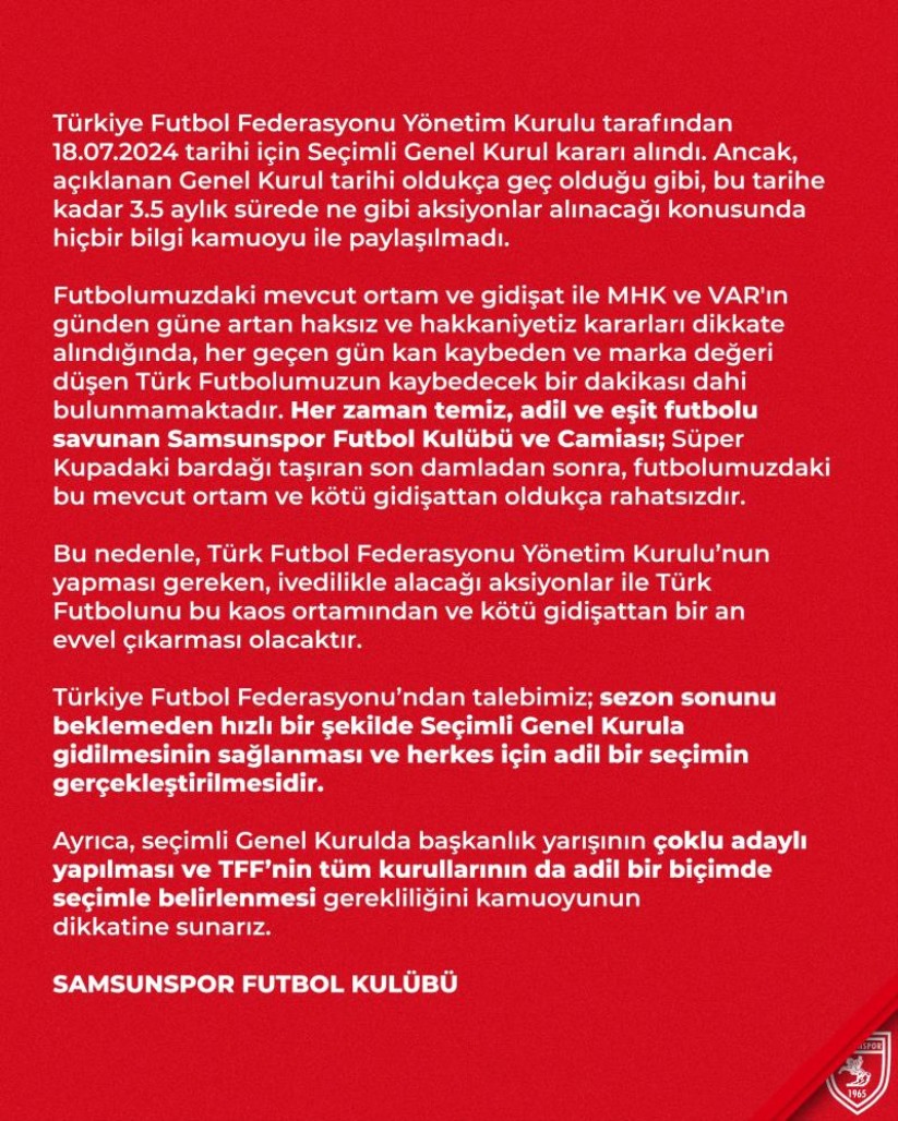 Samsunspor, TFF'yi 'acil' seçimli genel kurula davet etti