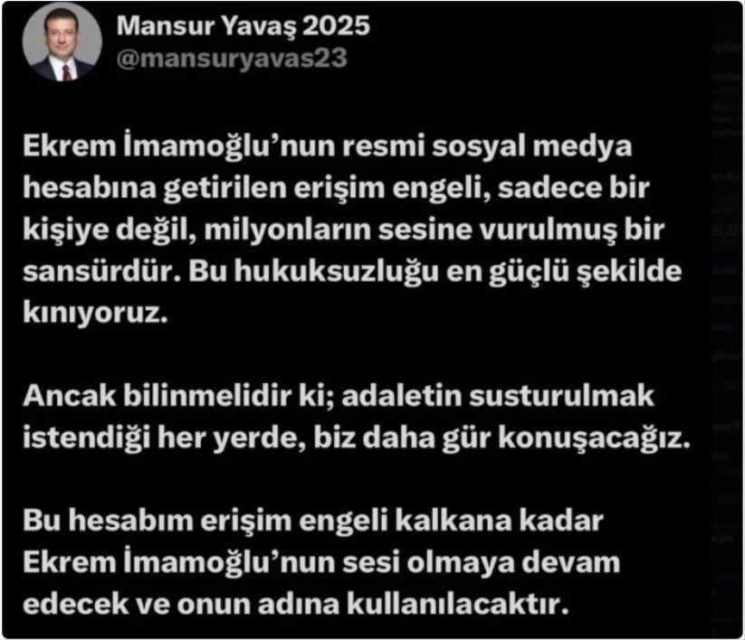 Ekrem İmamoğlu'nun X hesabına Türkiye'de erişim engeli! Yavaş'tan dikkat çeken karar