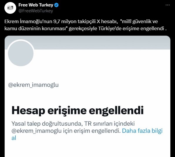 Ekrem İmamoğlu'nun X hesabına Türkiye'de erişim engeli! Yavaş'tan dikkat çeken karar