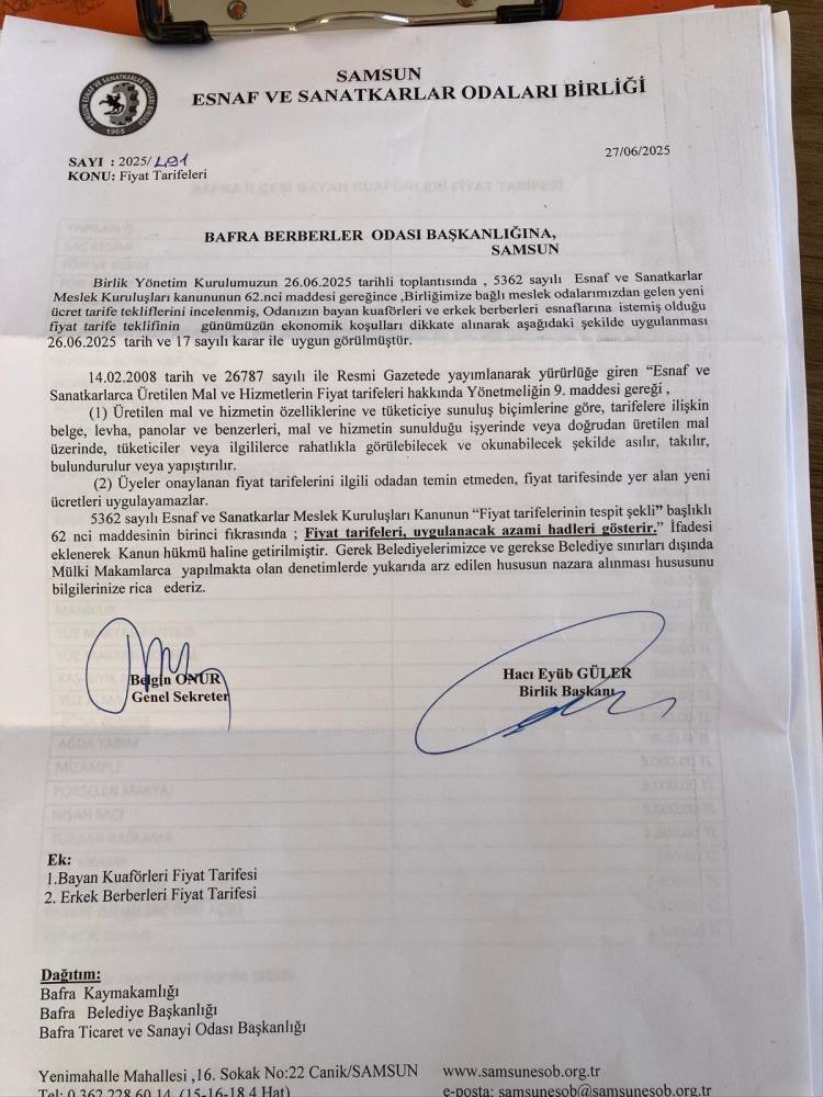 Bafra'da berber ve kuaförlere zam: Ense tıraşı 150 lira