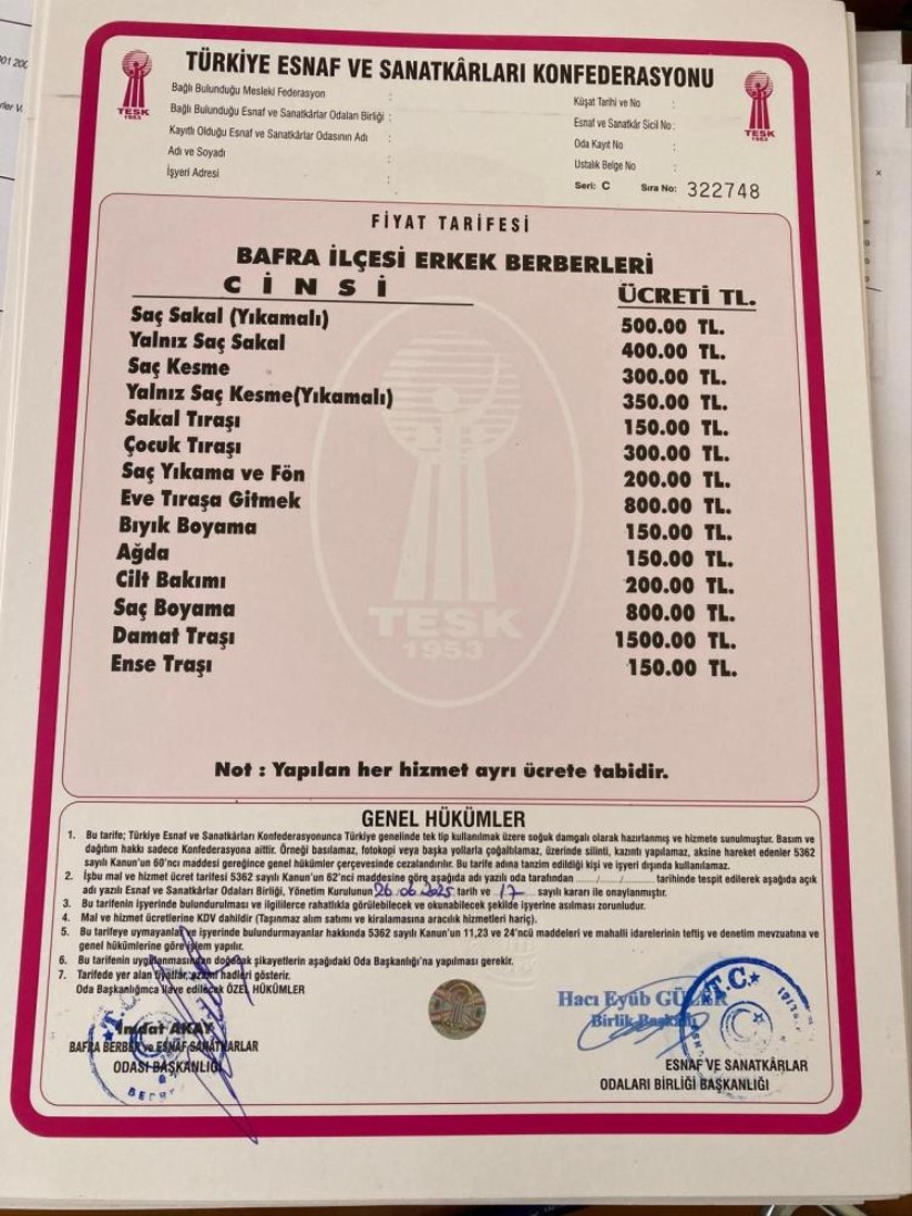 Bafra'da berber ve kuaförlere zam: Ense tıraşı 150 lira