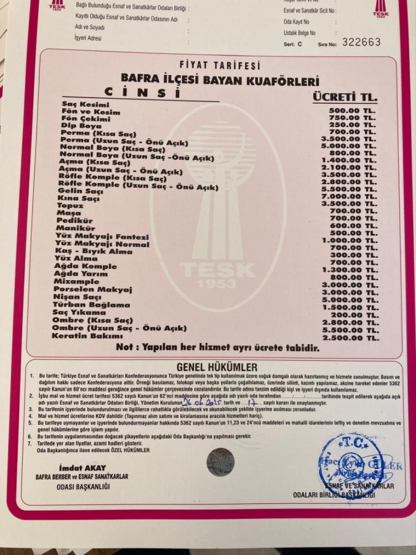 Bafra'da berber ve kuaförlere zam: Ense tıraşı 150 lira